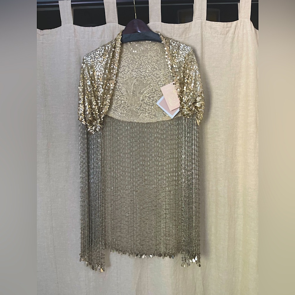 Couture Beaded Sequin Cape | JZ Rose | Gold Silk Mantle | One Size